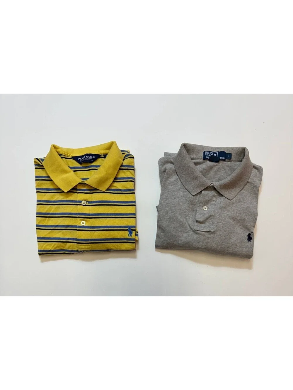 Lot of 2 Polo Ralph Lauren Polo Shirts Mens L Gray Yellow Striped Golf